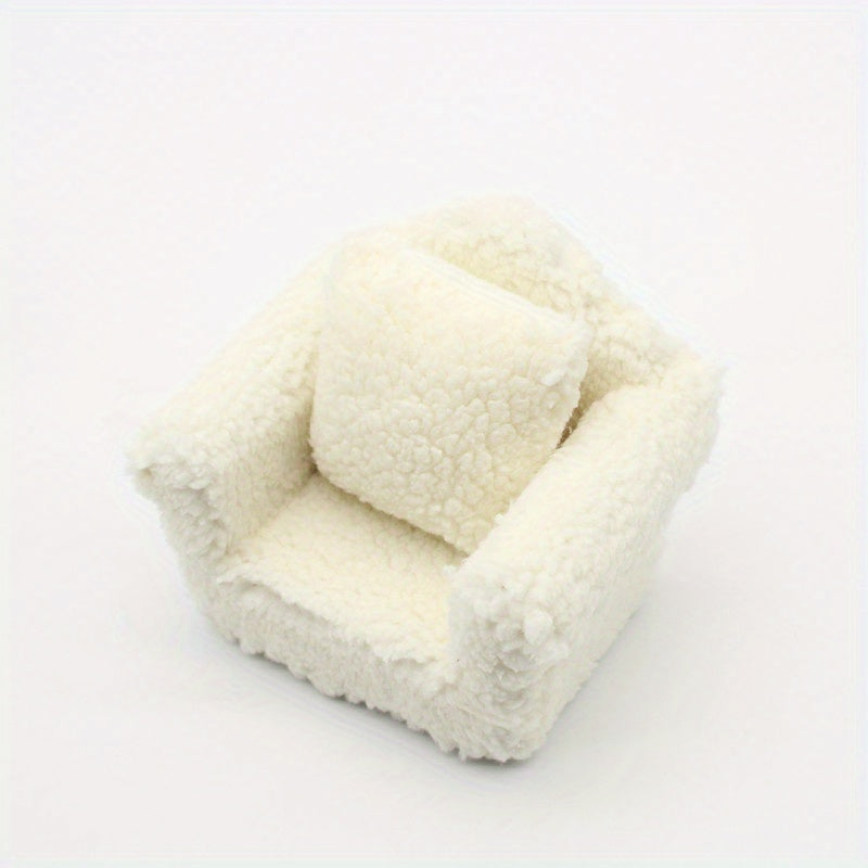 Soft Beige Plush Single Sofa with Pillow for Dollhouse