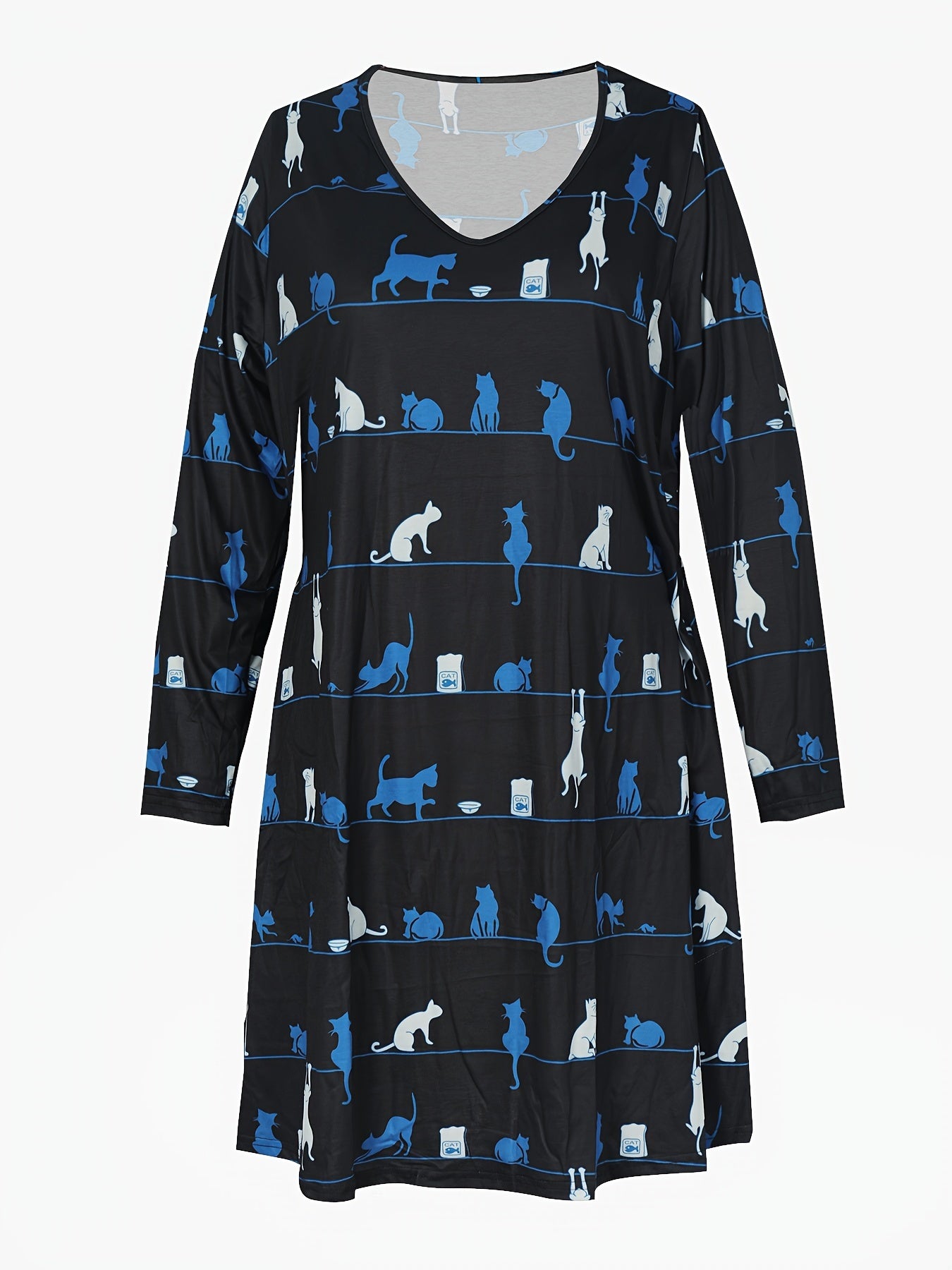  Cat & Stripe Print Long Sleeve V Neck Tee Dress With Pockets