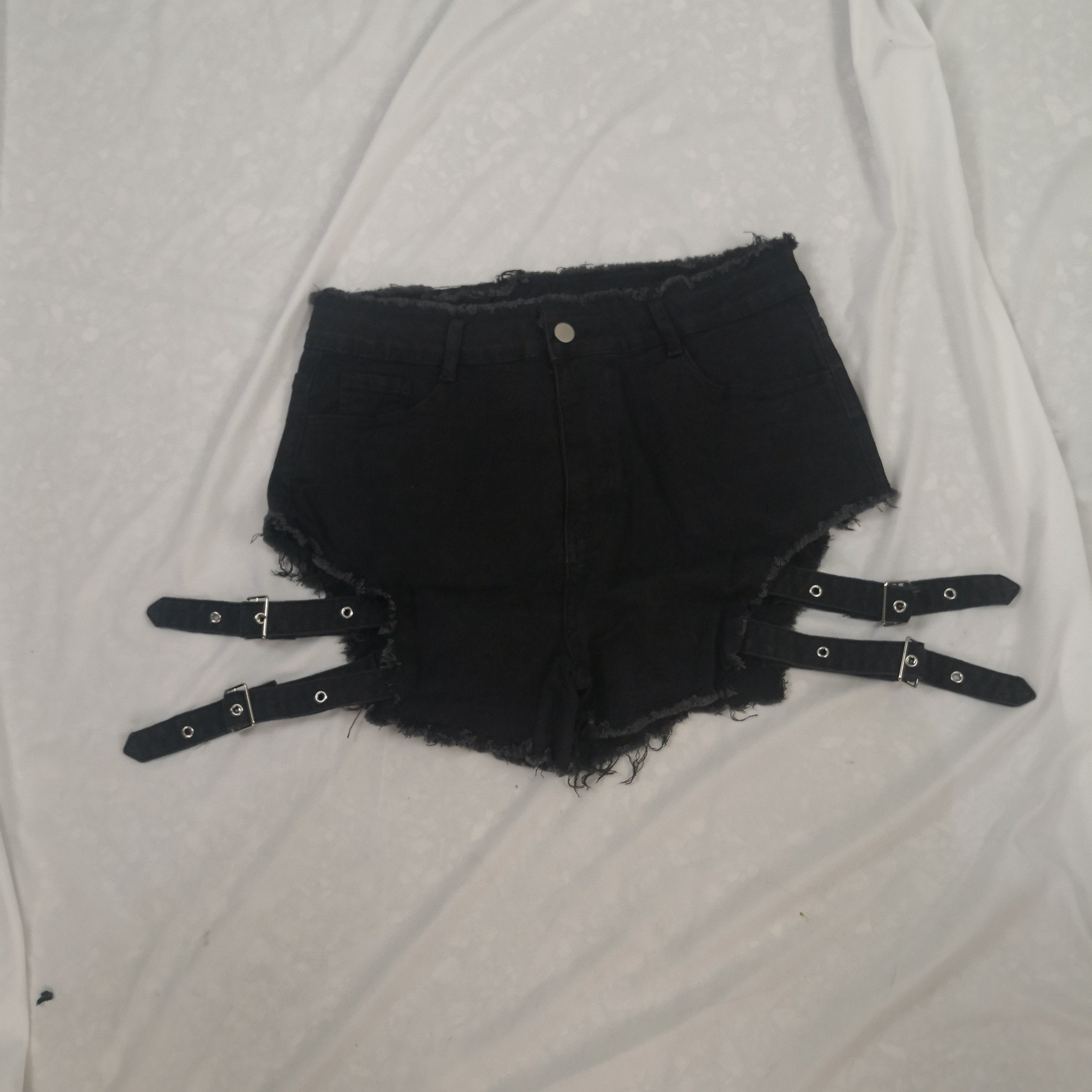  Punk Denim Shorts Halloween Eyelash Trim Cut Out Button Up