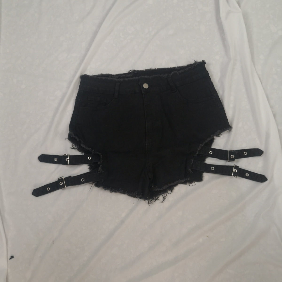  Punk Denim Shorts Halloween Eyelash Trim Cut Out Button Up