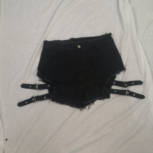  Punk Denim Shorts Halloween Eyelash Trim Cut Out Button Up