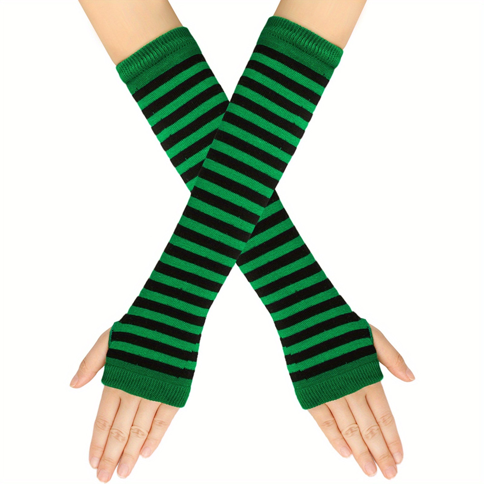 Y2K Green Striped Knitted Gloves Saint Patrick's Fingerless Gloves
