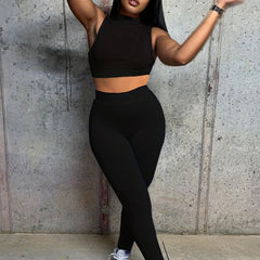 Solid Slim Two piece Set Mock Neck Crop Vest Top & Skinny Pants