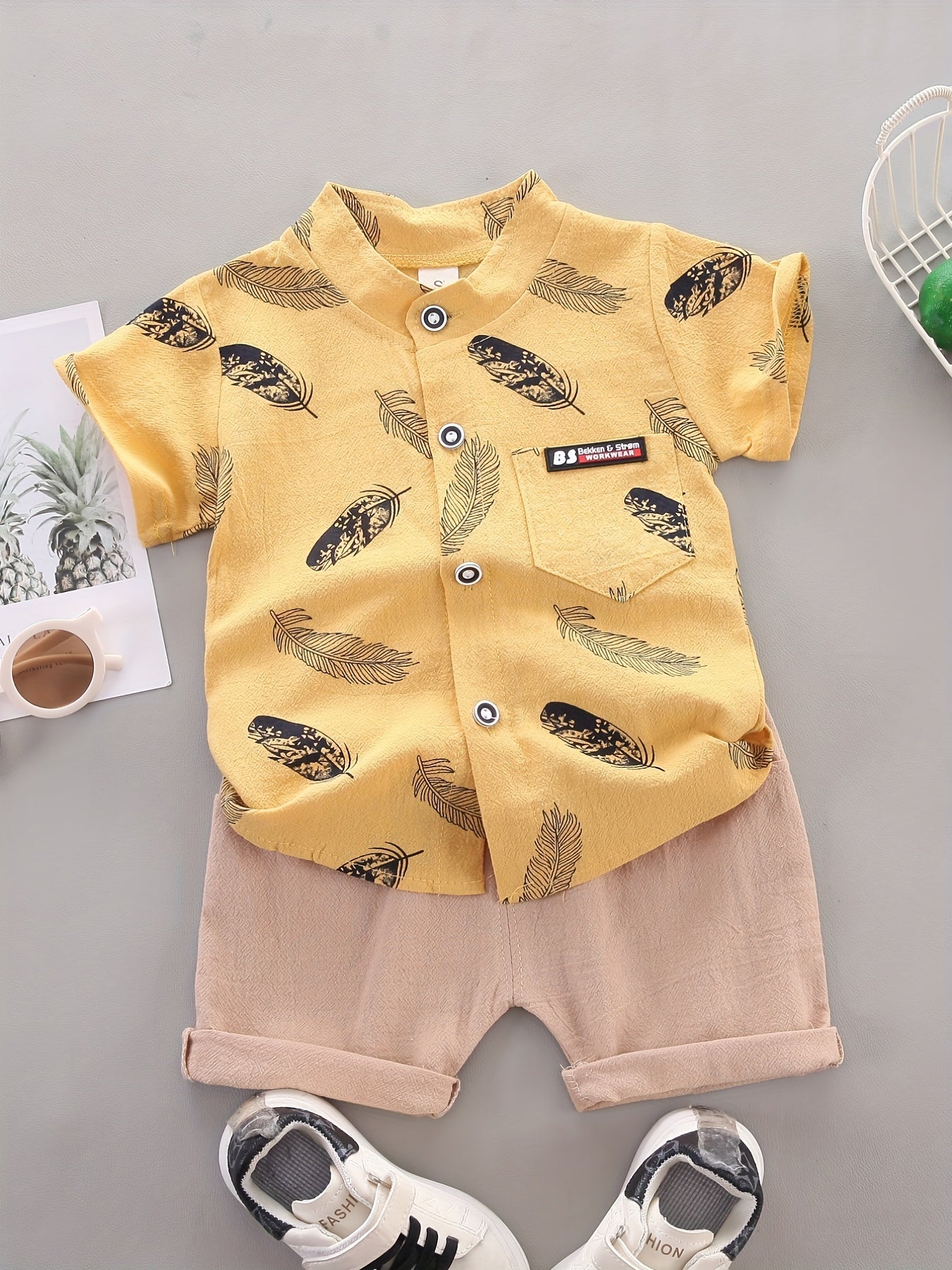 2pcs Baby Boys Feather Print Shirt & Shorts Set Cotton Casual Clothes