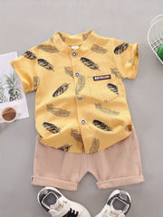 2pcs Baby Boys Feather Print Shirt & Shorts Set Cotton Casual Clothes