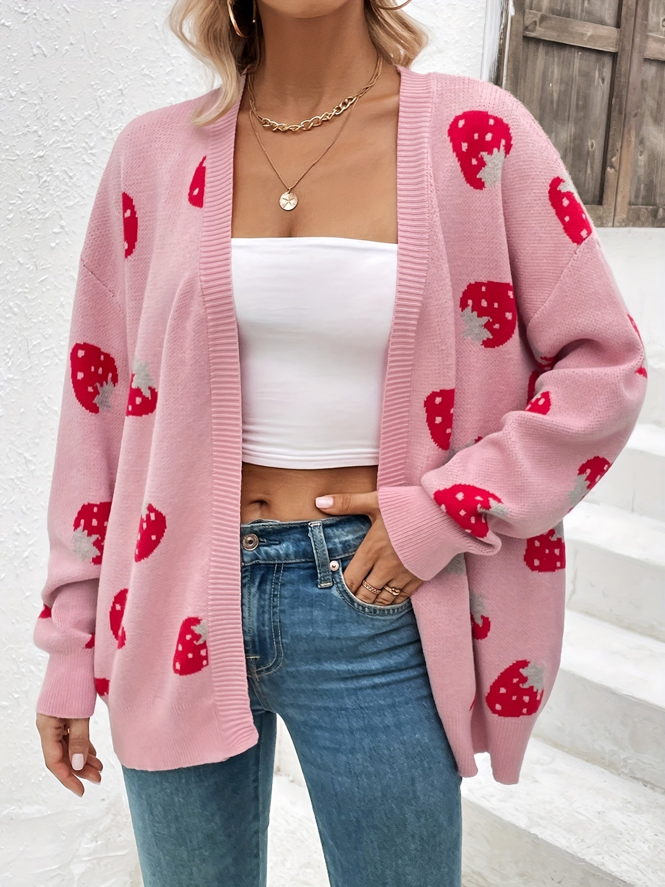 Strawberry Pattern Open Front Cardigan Long Sleeve Cardigan