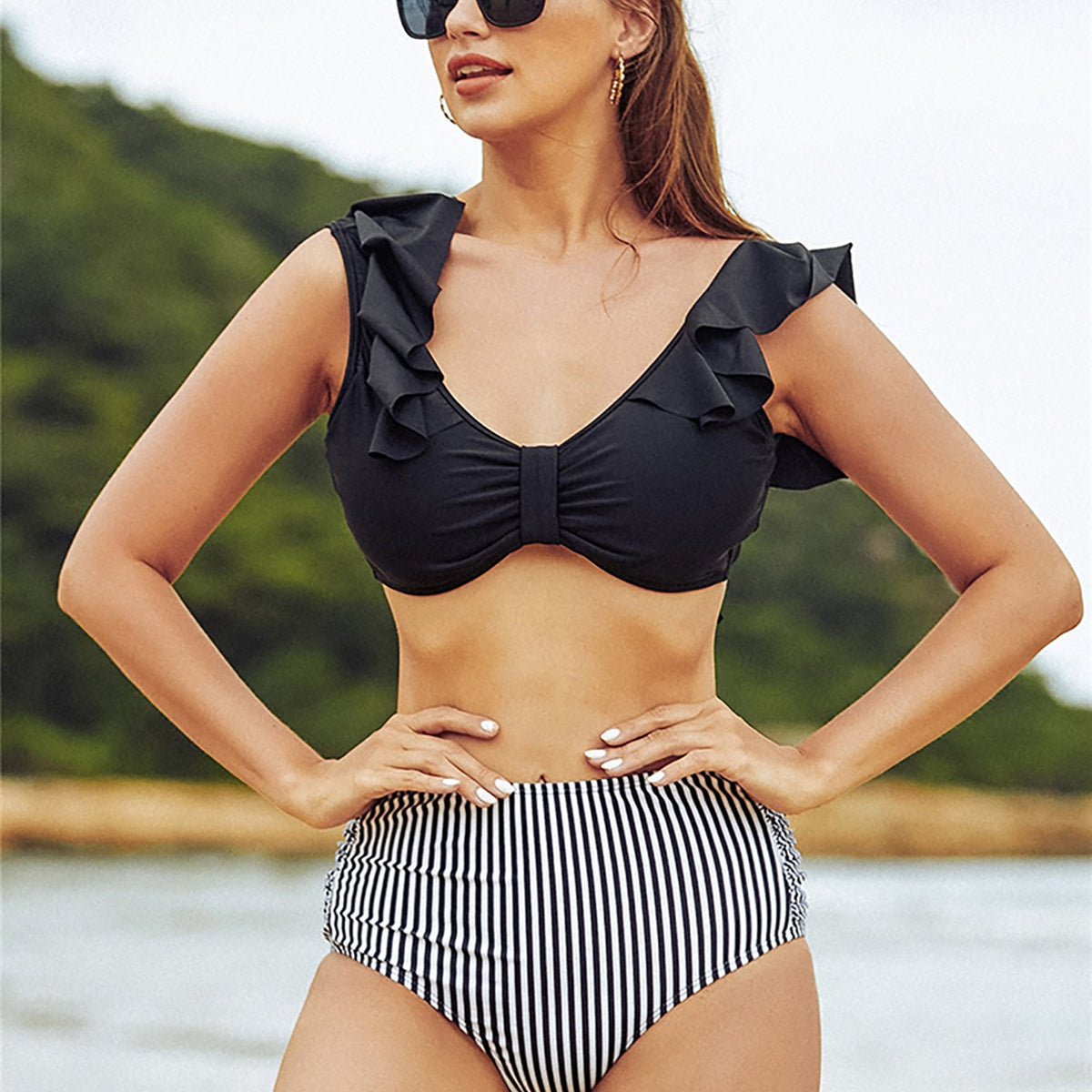 Women's Off Shoulder Two Piece Swimsuit High Waist Bodysuit Beach Bathing Suit