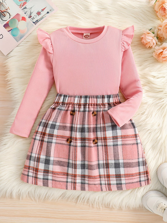 Girl's Ribbed Long Sleeve Top & Plaid Skirt Set Button Decor Outfit