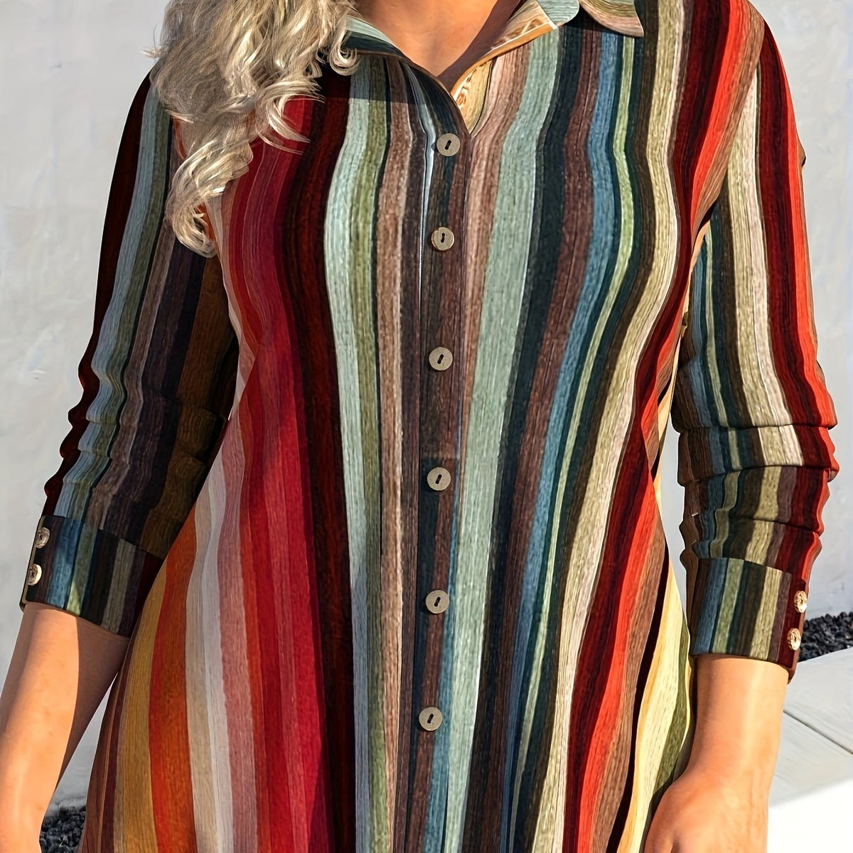  Colorful Stripe Print Button Up Shirt Top