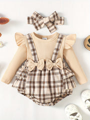 Baby Girls Bow Plaid Long Sleeve Cotton Creeper Romper