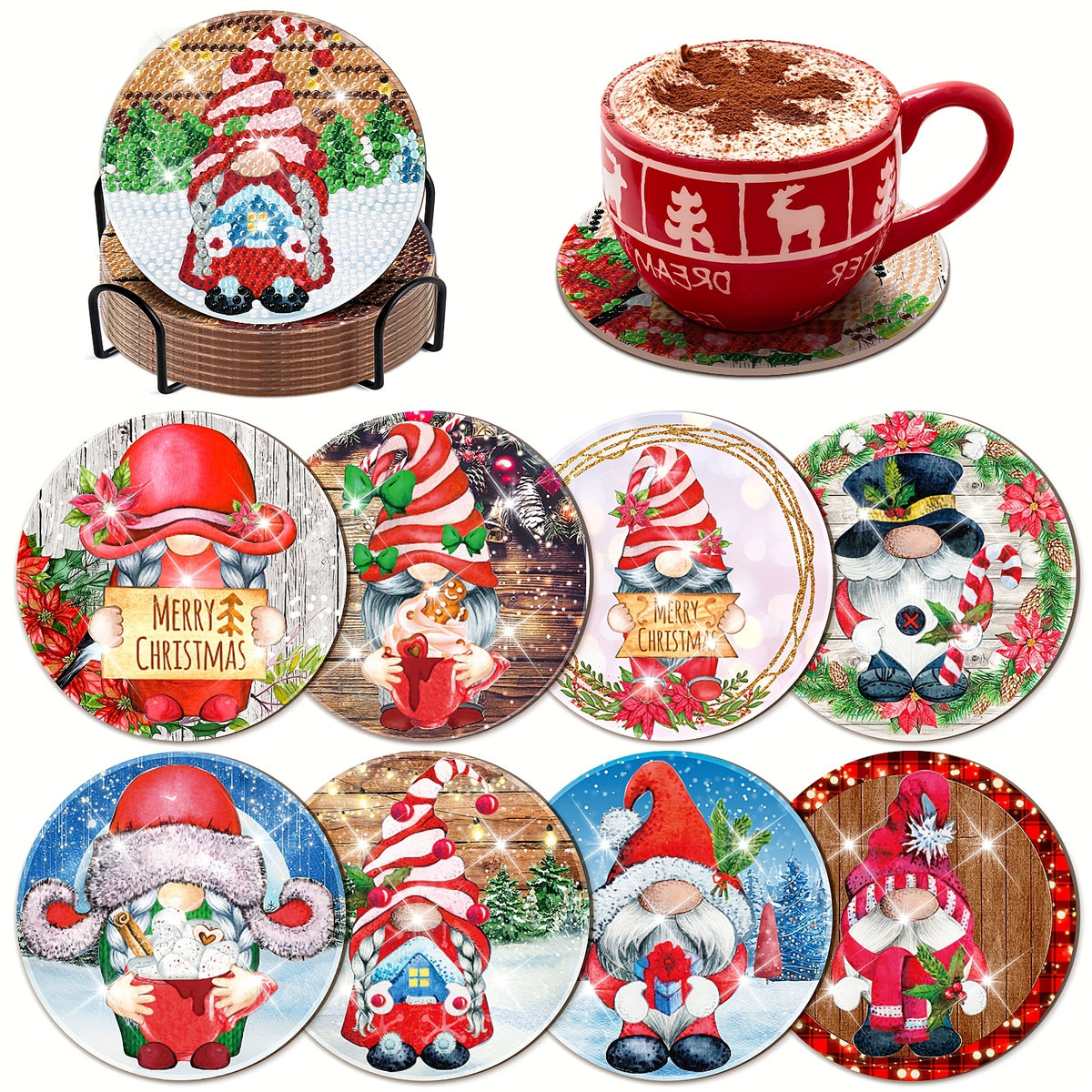 8pcs Christmas Candy Gnome Diamond Painting Coasters Kits