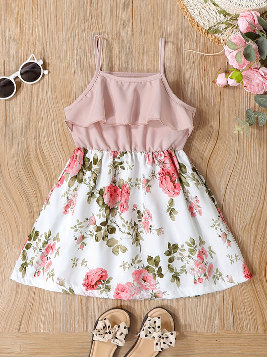 Toddler Girls Flowers Graphic Ruffle Trim Cami Princess Dress