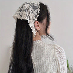 Floral Lace Triangle Hair Scarf Bridal Hair Accessory with Ribbon