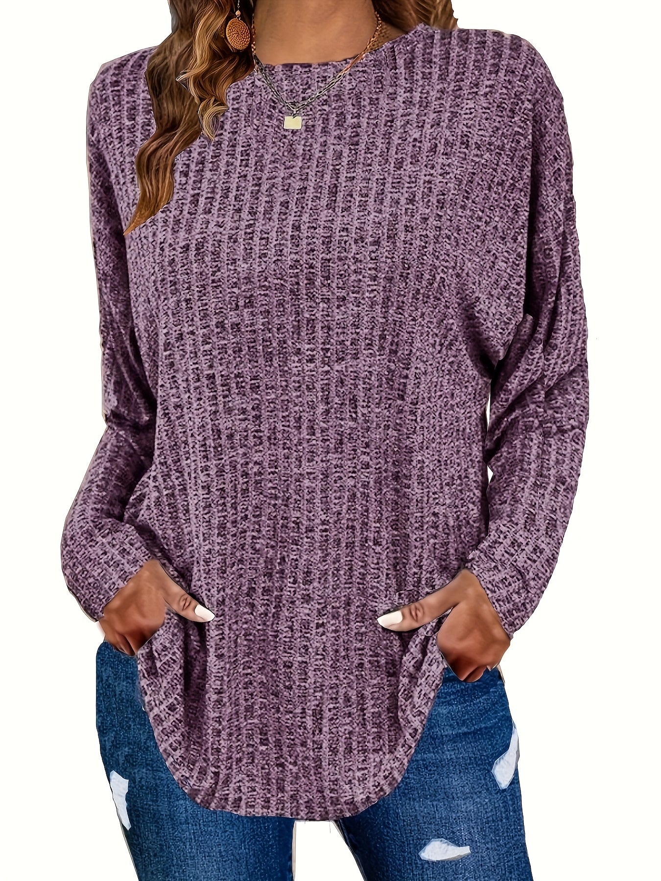  Solid Ribbed Long Sleeve Knit Top