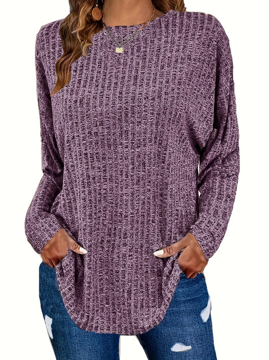  Solid Ribbed Long Sleeve Knit Top