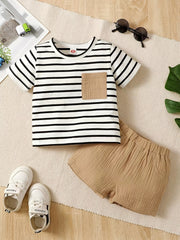 2pcs Little Boy Casual Striped Tees & Shorts Set Summer Kids Clothes