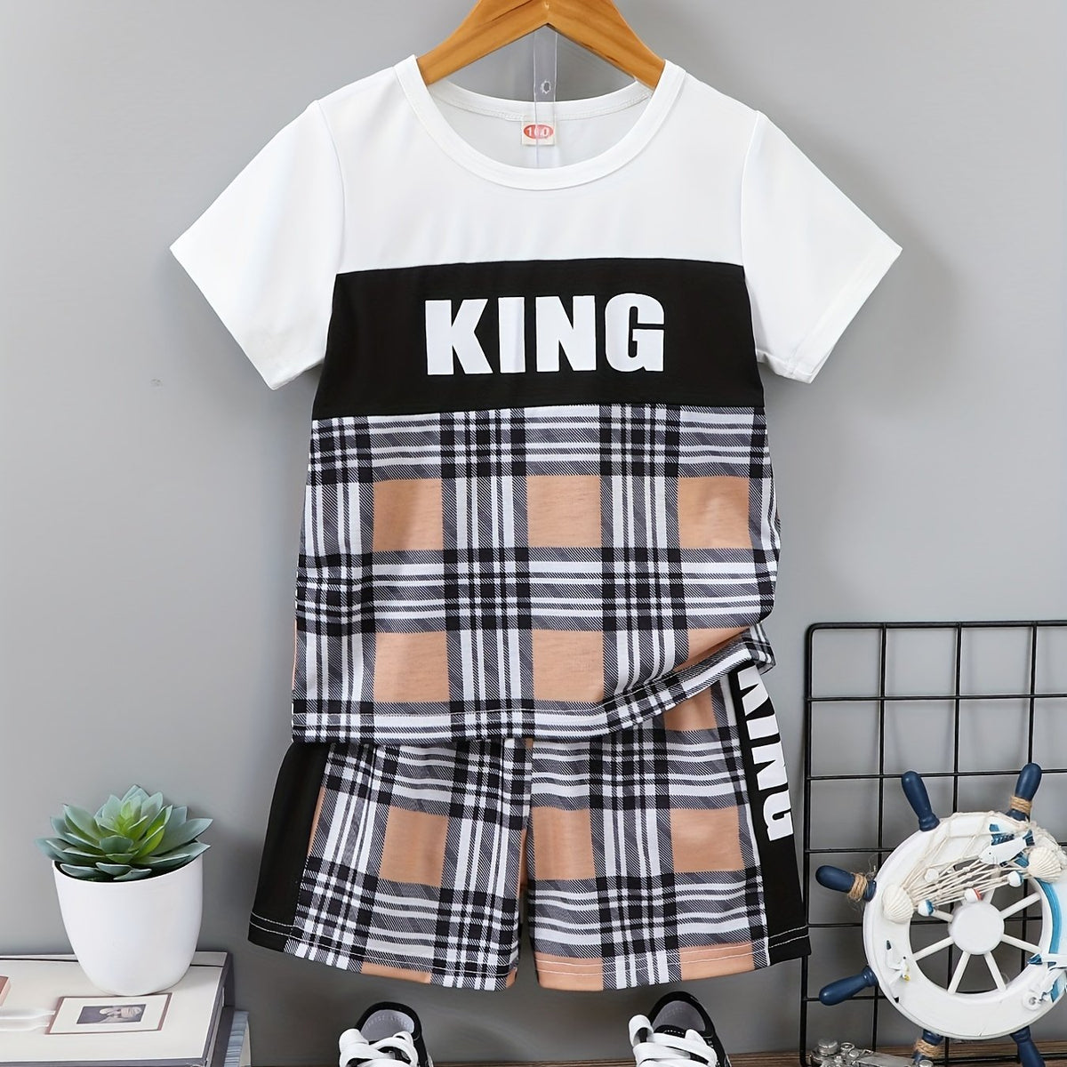 Boys Casual Outfit: T shirt & Plaid Shorts, Summer Kids Clothes