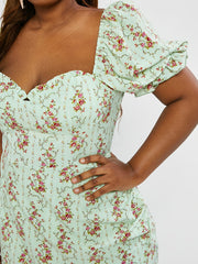 Floral Print Ruffle Trim Square Neck Short Sleeve Dress Plus Size