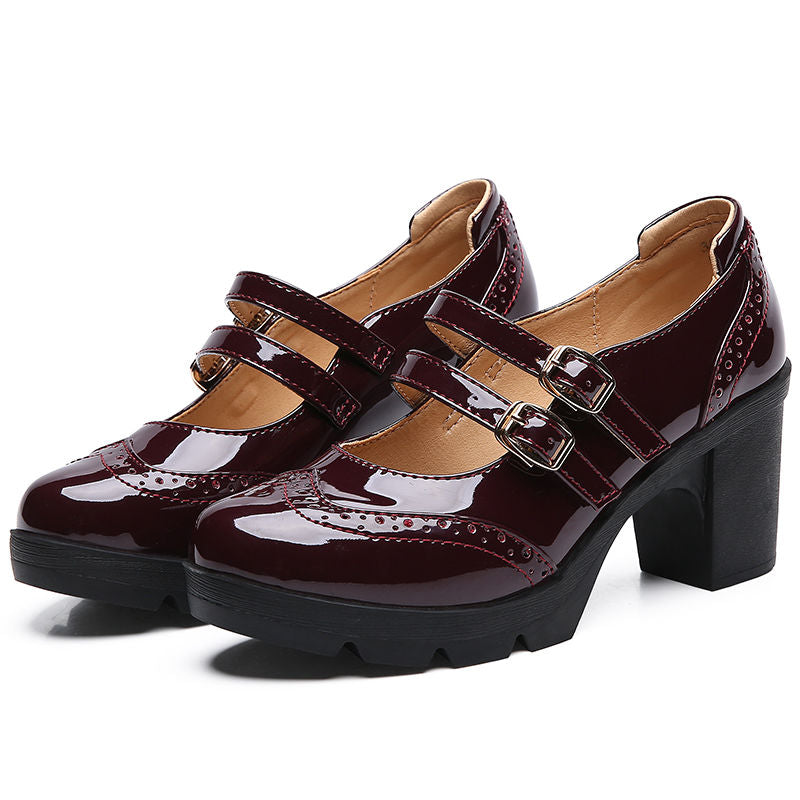 Women's Buckle Strap High Heel Mary Jane Patent Leather Chunky Heels