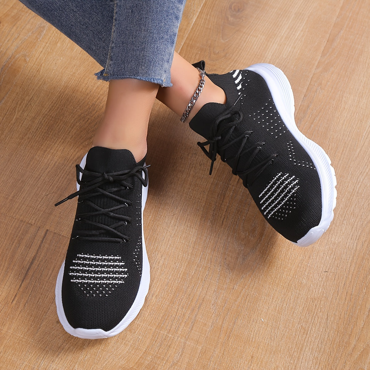 Women's Casual Knit Mesh Sneakers Lace Up Low Top Soft Sole Shoes