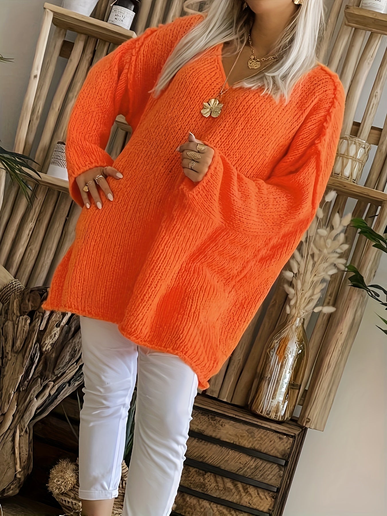  Casual Sweater Women's Solid Knitted Long Sleeve V Neck Pullover