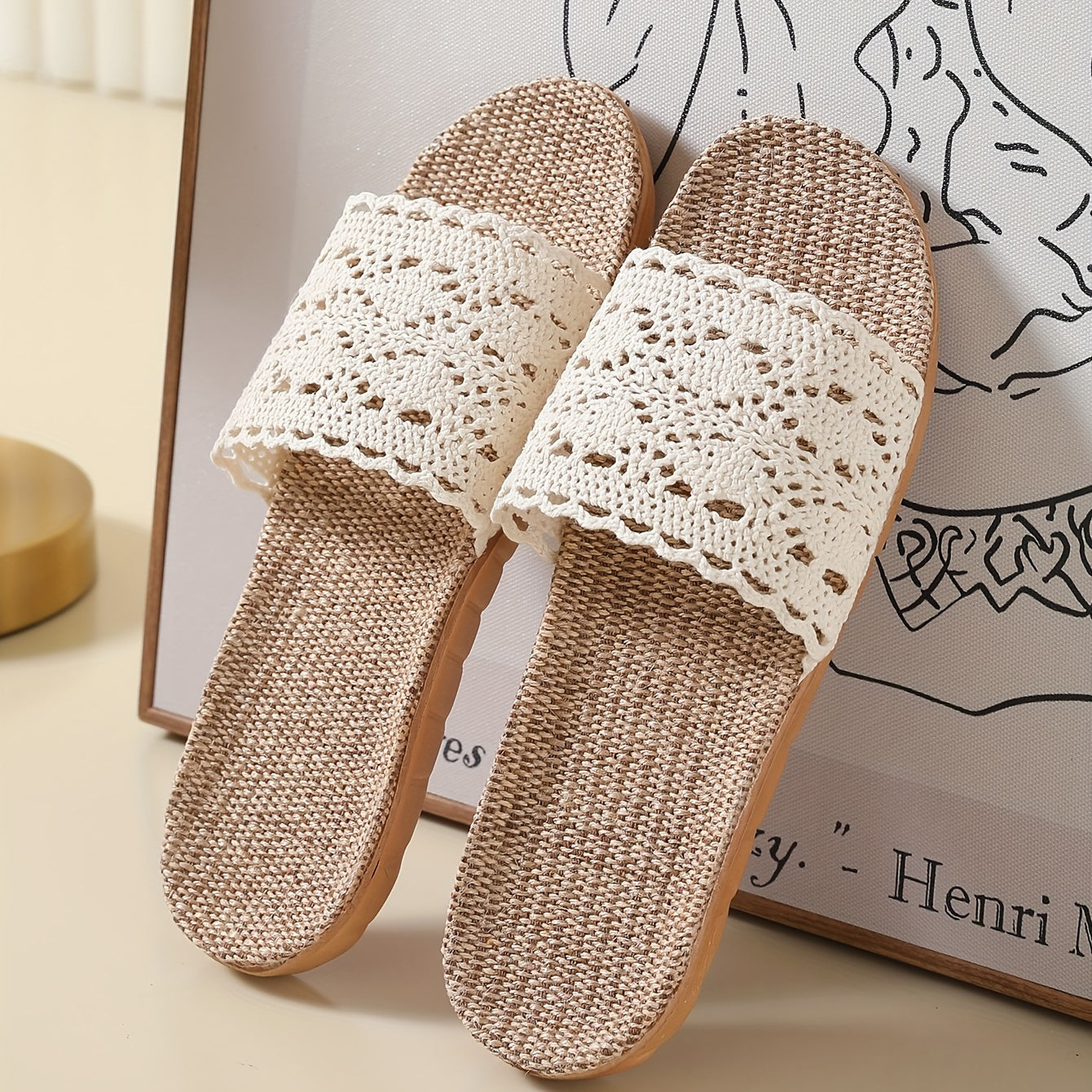 Women's Breathable Mesh Linen Slippers Open Toe Hollow Out Solid Slip On Slides