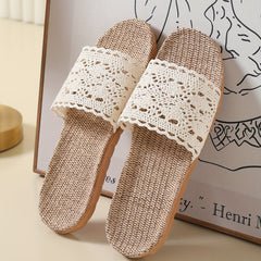 Women's Breathable Mesh Linen Slippers Open Toe Hollow Out Solid Slip On Slides