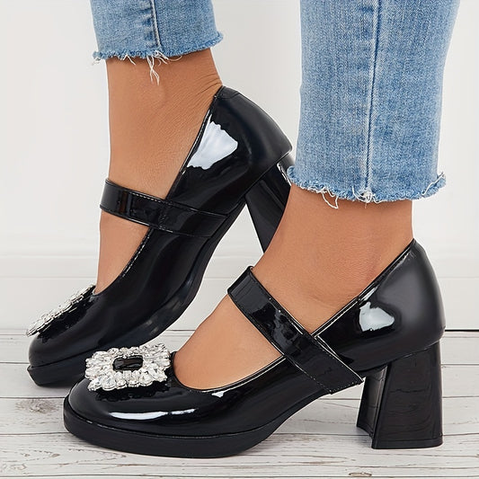 Women's Block Heeled Mary Jane Square Rhinestone Decor Pumps