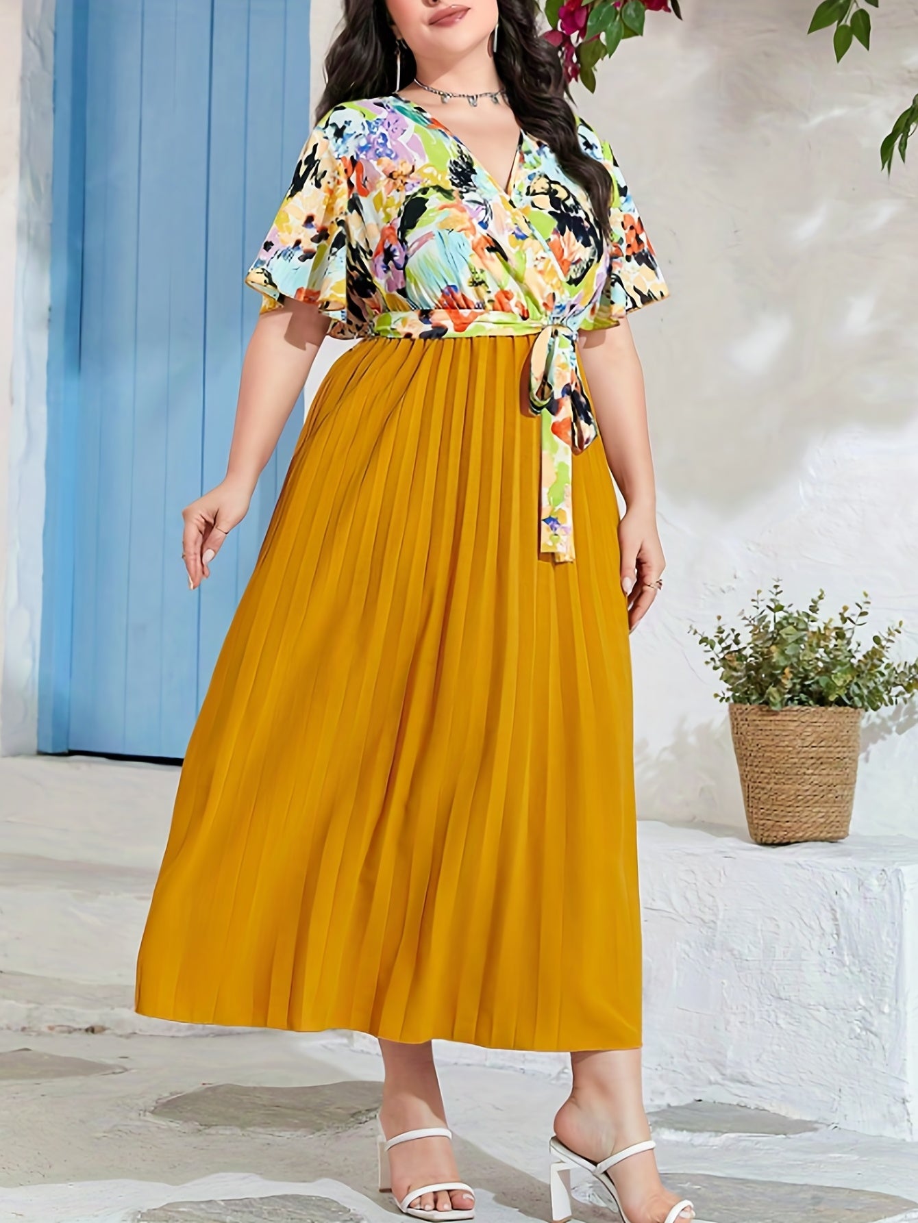  Print Butterfly Sleeve Maxi Dress With Belt