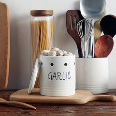 Ceramic Garlic Keeper Crisper Container Lid Storage Box Holder Countertop