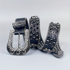 Y2K Skull PU Belt & Rhinestone Bracelet Set