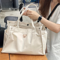 Bear Tote Bag Large Capacity Beige Canvas Handbag for Women