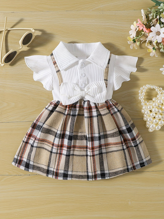 Girl's Casual Plaid Bowknot Flutter Sleeve Dress
