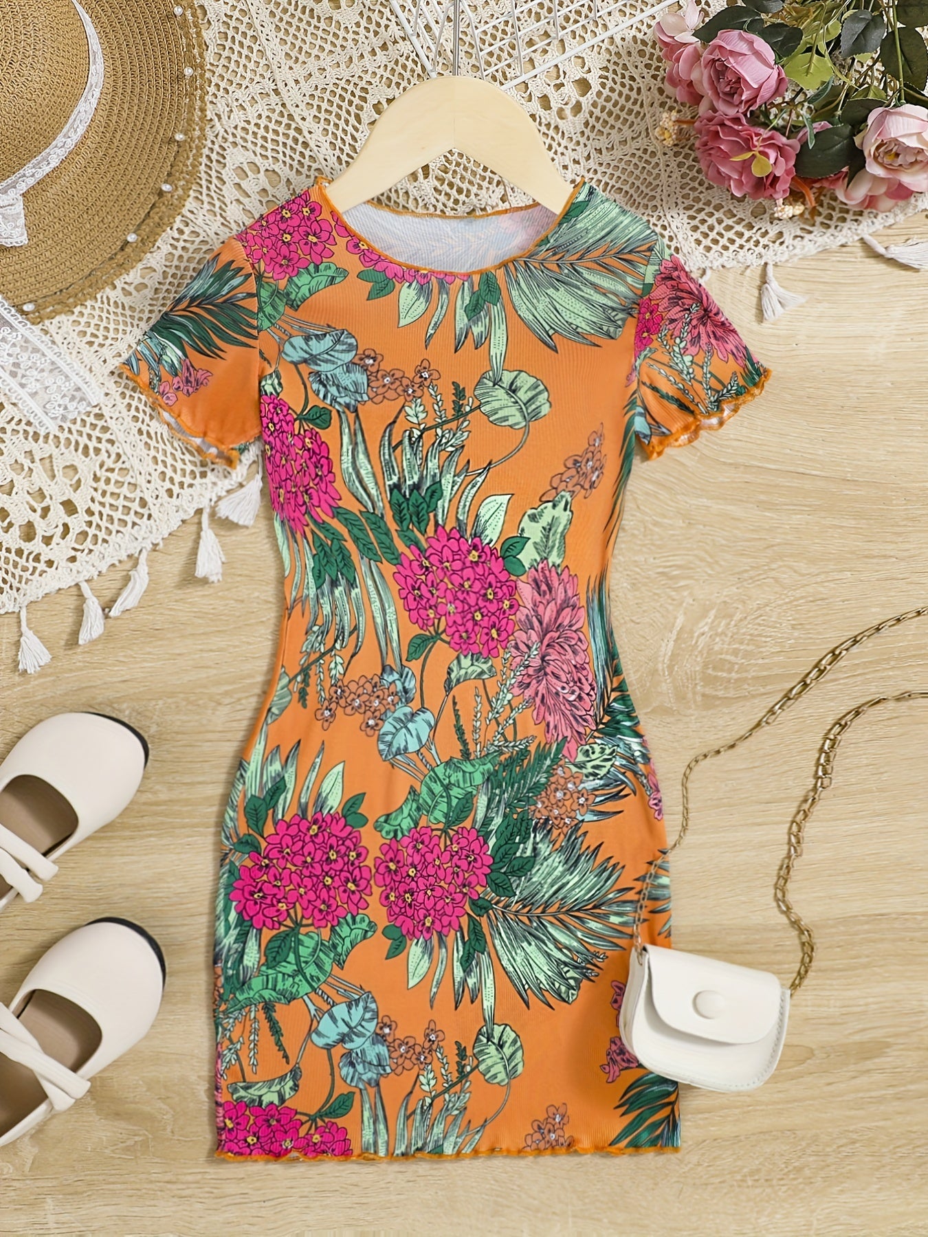 Girls Flowers Print Slim Dress Kids Summer Clothes