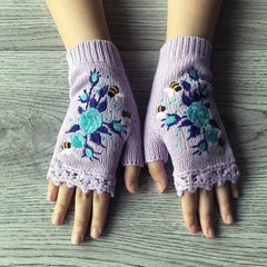 Knitted Embroider Gloves Warm Fingerless Gloves
