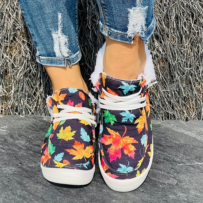 Colorful Maple Leaf Pattern Warm Fur Boots Flat Casual Round Toe Snow Boots