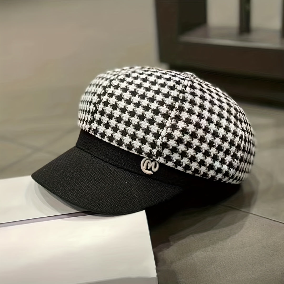 Women's Adjustable Houndstooth Newsboy Hat Lightweight Beret Cap