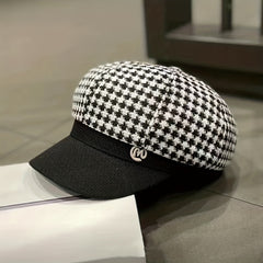 Women's Adjustable Houndstooth Newsboy Hat Lightweight Beret Cap