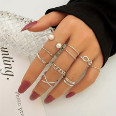 Geometric Cross Pearl Ring Set Women's Jewelry