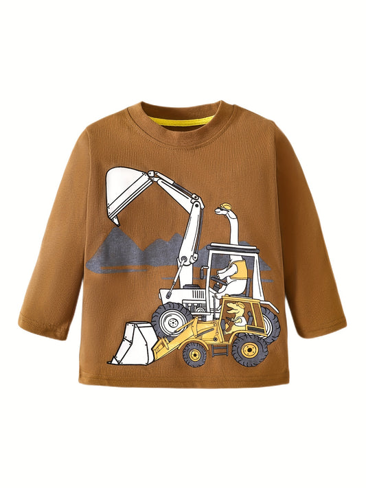 Dino & Excavator Print Boys Sweatshirt Long Sleeve Crew Neck Tops