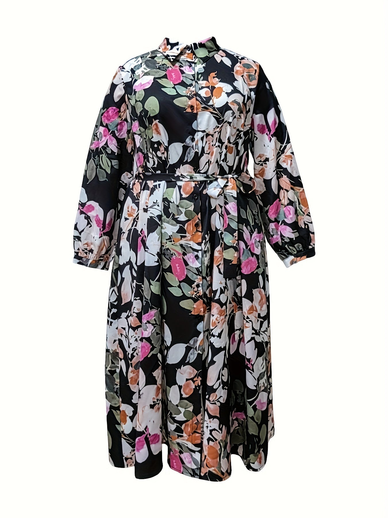 Women's Plus Floral Print Button Up Lapel Collar Midi Dress