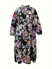 Women's Plus Floral Print Button Up Lapel Collar Midi Dress