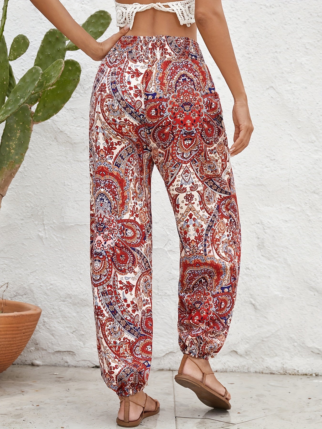 Ethnic Floral Print Pants Casual Shirred Long Length