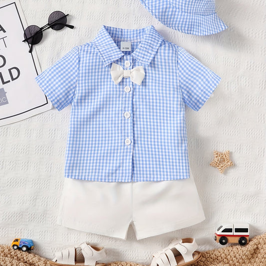 Baby Boys Bow Plaid Shirt Shorts Set With Hat Handsome Outfit