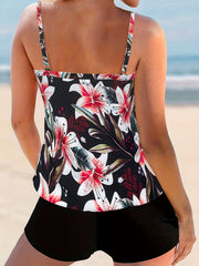  Floral Ribbed Tank Top & Solid Shorts Swimsuit Set