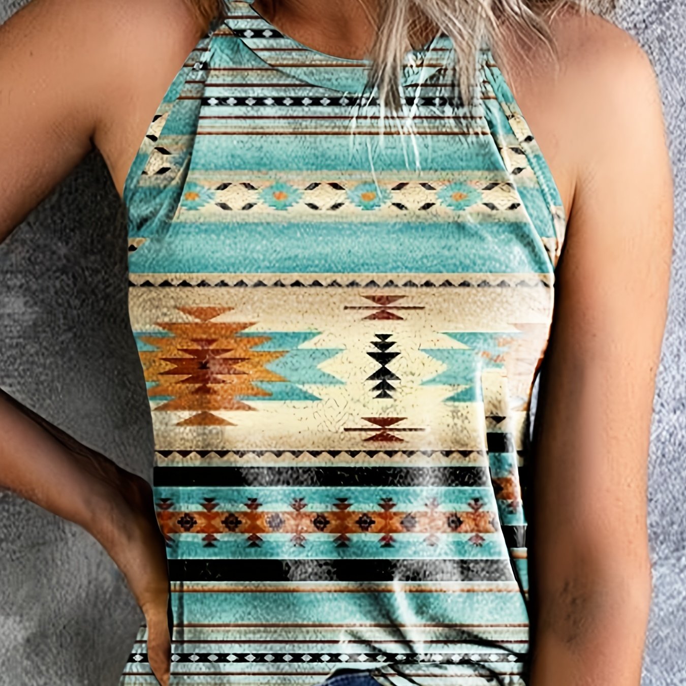  Southwestern Print Tank Top Round Neck Casual Slight Stretch