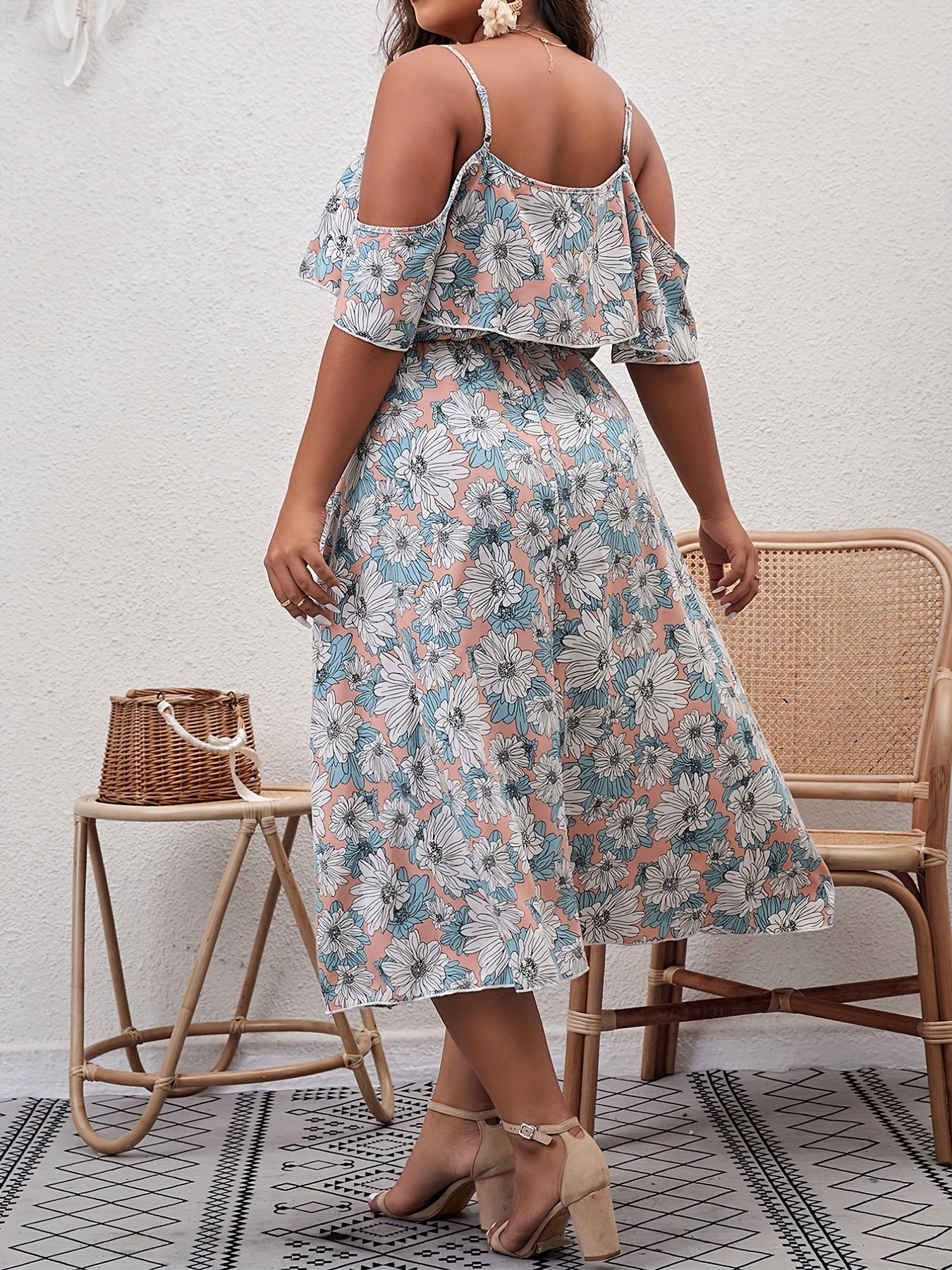 Floral Print Ruffle Trim Cold Shoulder Casual Dress
