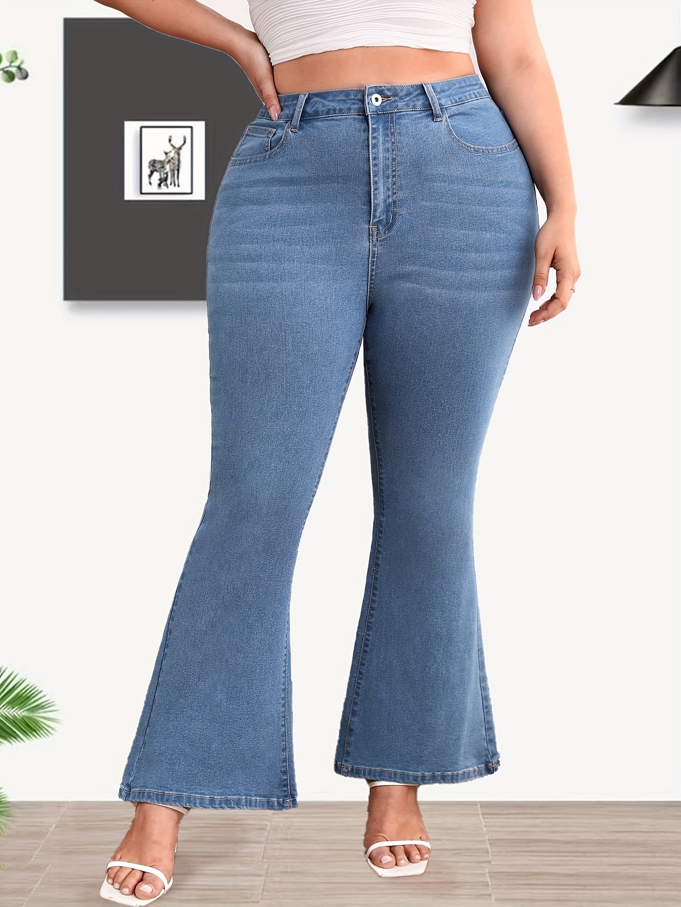  Washed Button Fly High Rise Flared Leg Jeans