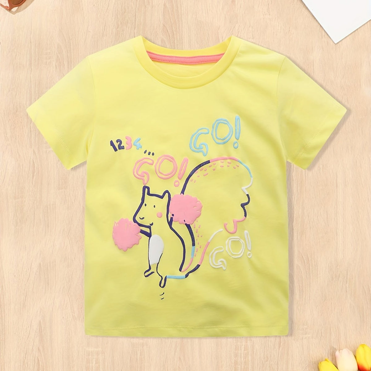 Girls Squirrel Print Short Sleeve T Shirt - Summer Top for Kids