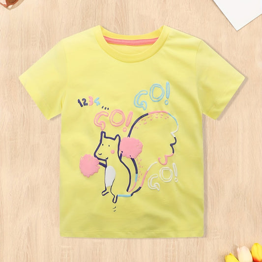 Girls Squirrel Print Short Sleeve T Shirt - Summer Top for Kids